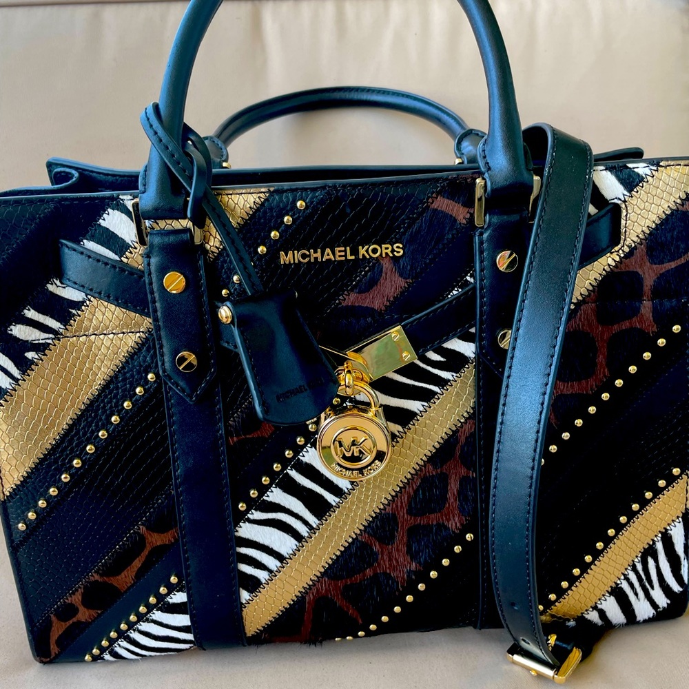 Michael Kors Hamilton satchel multi mixed animal print medium bag.